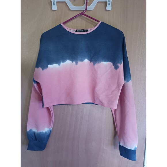 Boohoo Women's Pink & Blue Long Sleeve Crop Top - US Size 10 - Picture 1 of 5